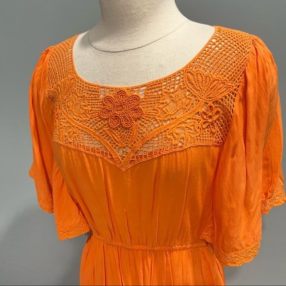 Beautiful Stories Orange Flutter Kimono Sleeve Crochet Beaded Dress - Picture 2 of 8